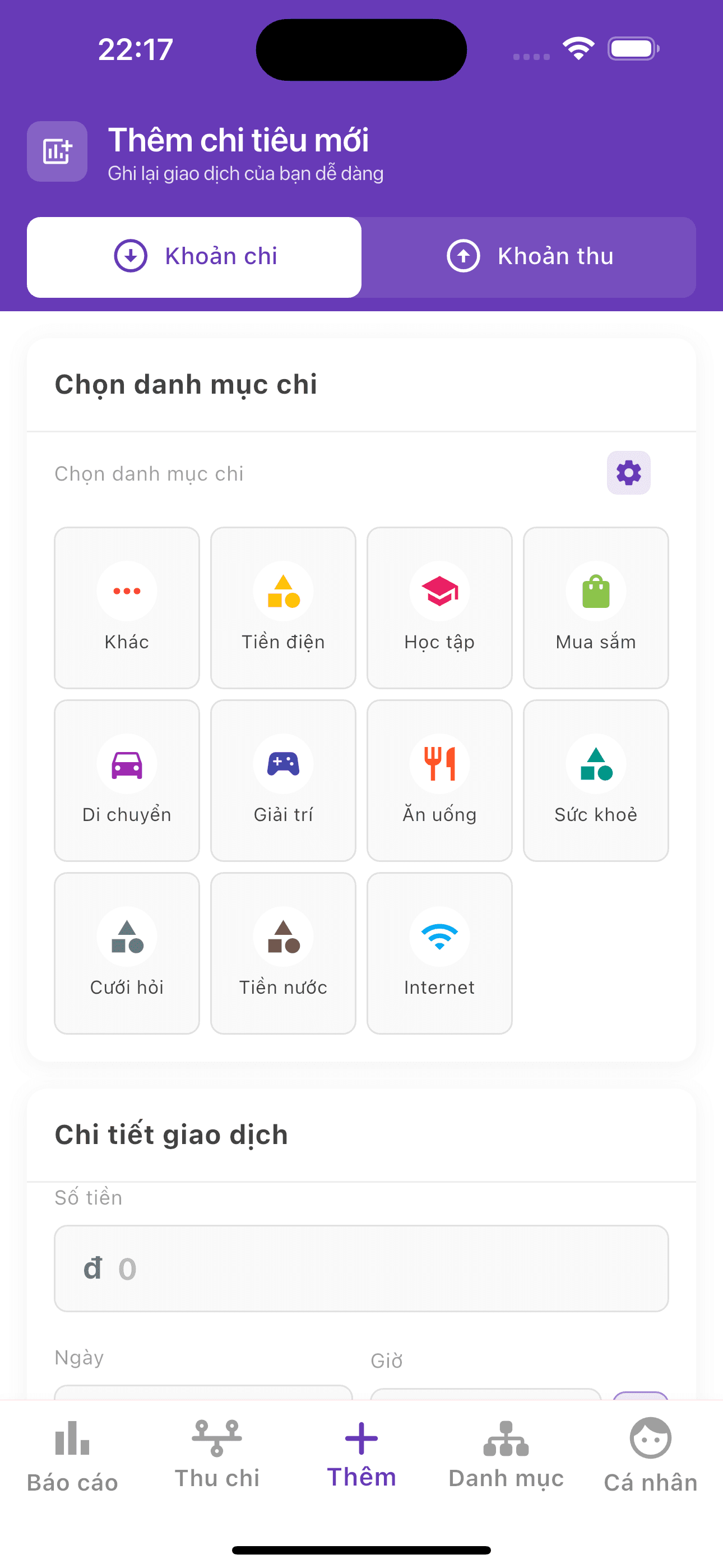 Màn hình Nhập Chi Tiêu của ứng dụng Monea