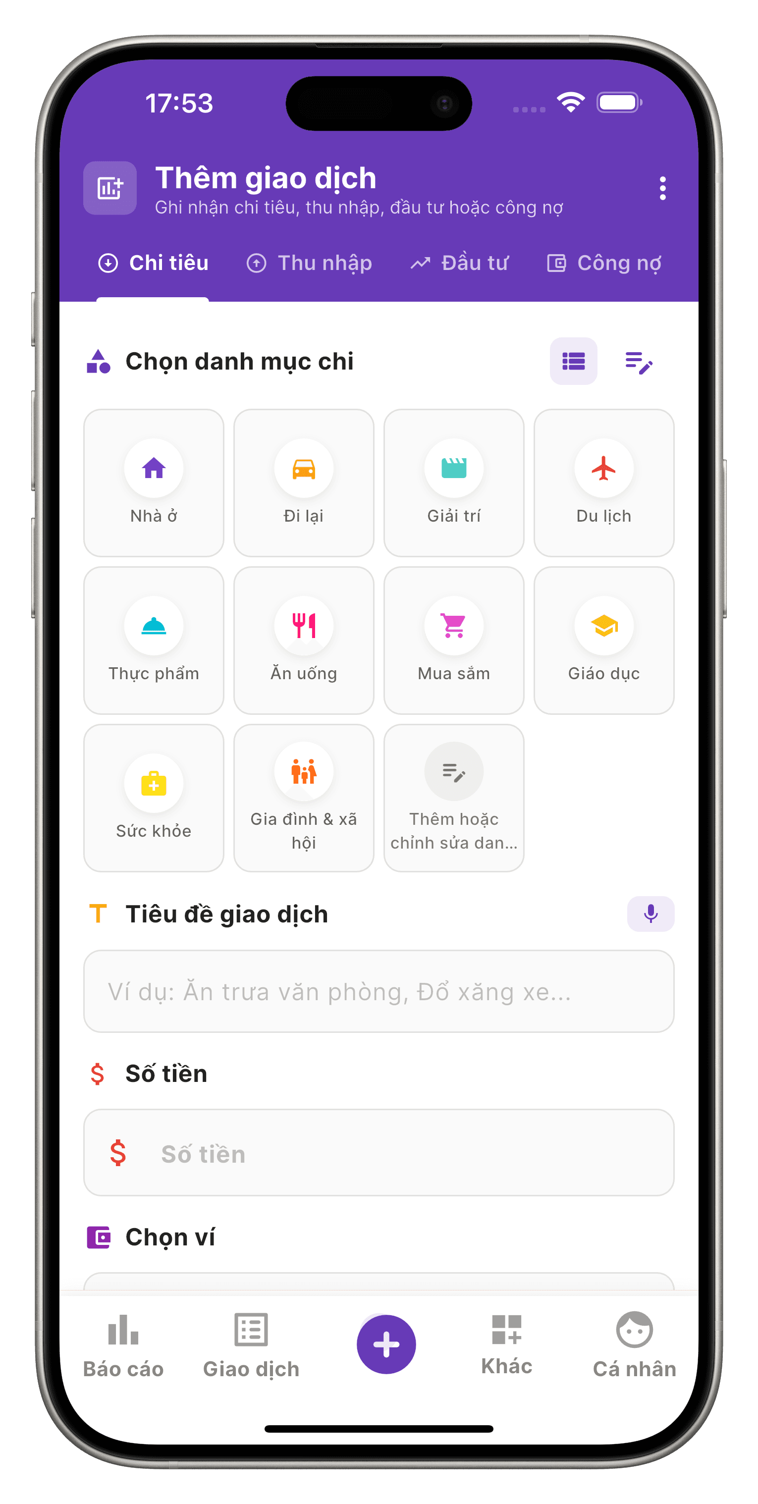Màn hình Monea - Chi tiêu theo danh mục