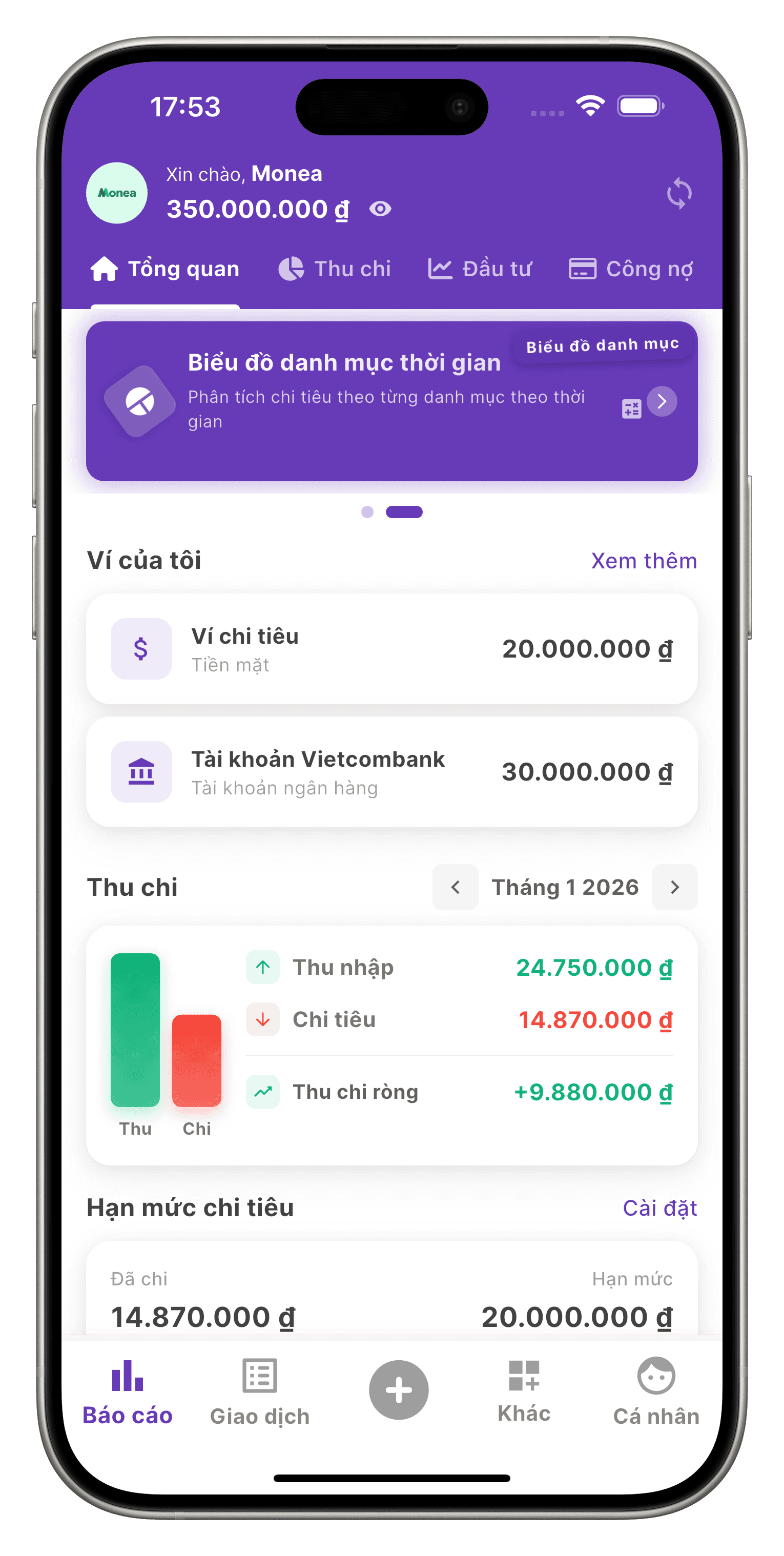 Màn hình ứng dụng Monea hiển thị phân tích tài chính