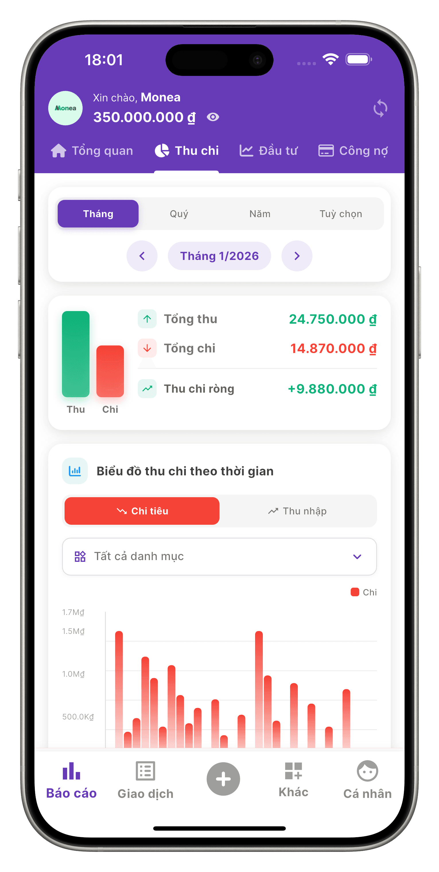 Màn hình Báo cáo thu chi của ứng dụng Monea
