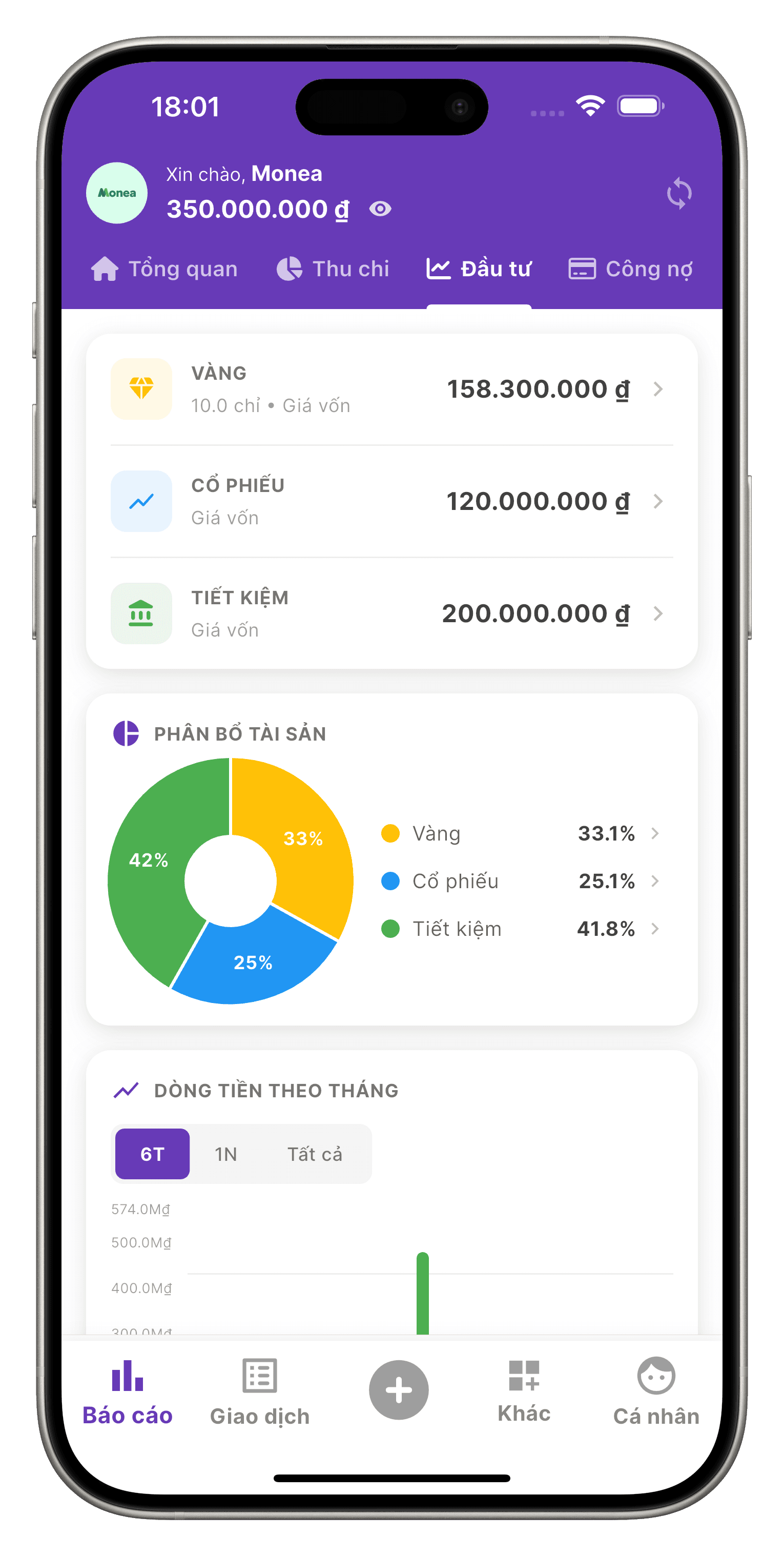 Màn hình Báo cáo đầu tư của ứng dụng Monea