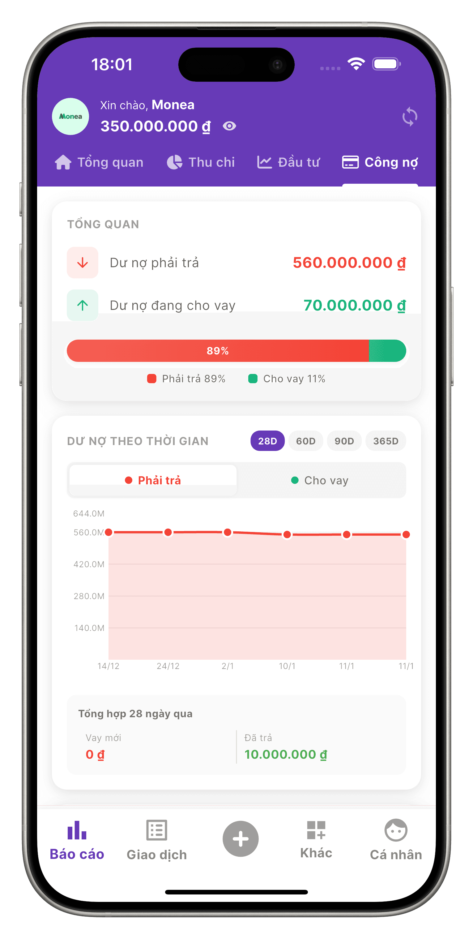 Màn hình Báo cáo công nợ của ứng dụng Monea